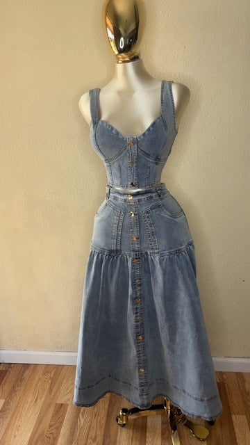 Light Denim Button-Front Two-Piece Set-Crop Top & Long Skirt