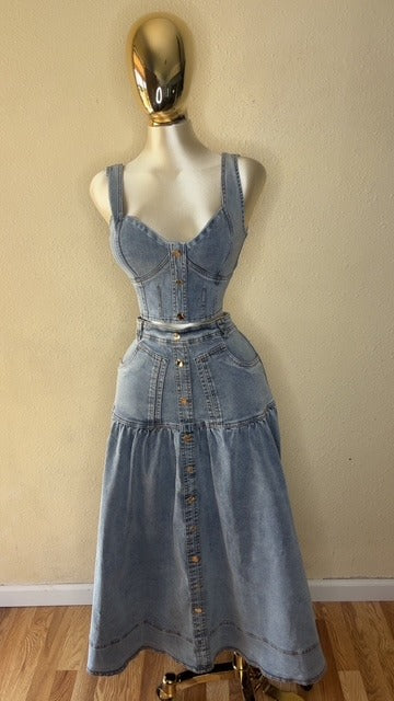 Light Denim Button-Front Two-Piece Set-Crop Top & Long Skirt