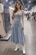 Light Denim Button-Front Two-Piece Set-Crop Top & Long Skirt