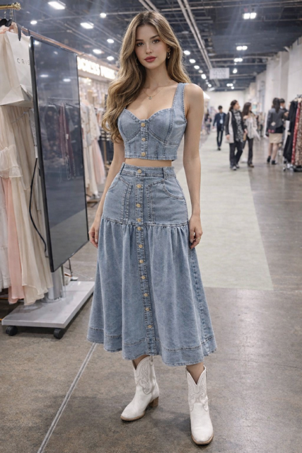 Light Denim Button-Front Two-Piece Set-Crop Top & Long Skirt